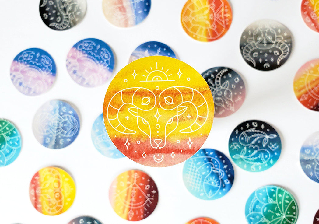 Photo of the Aries Watercolor Horoscope Vinyl Sticker by Lucky Dog Design Co.