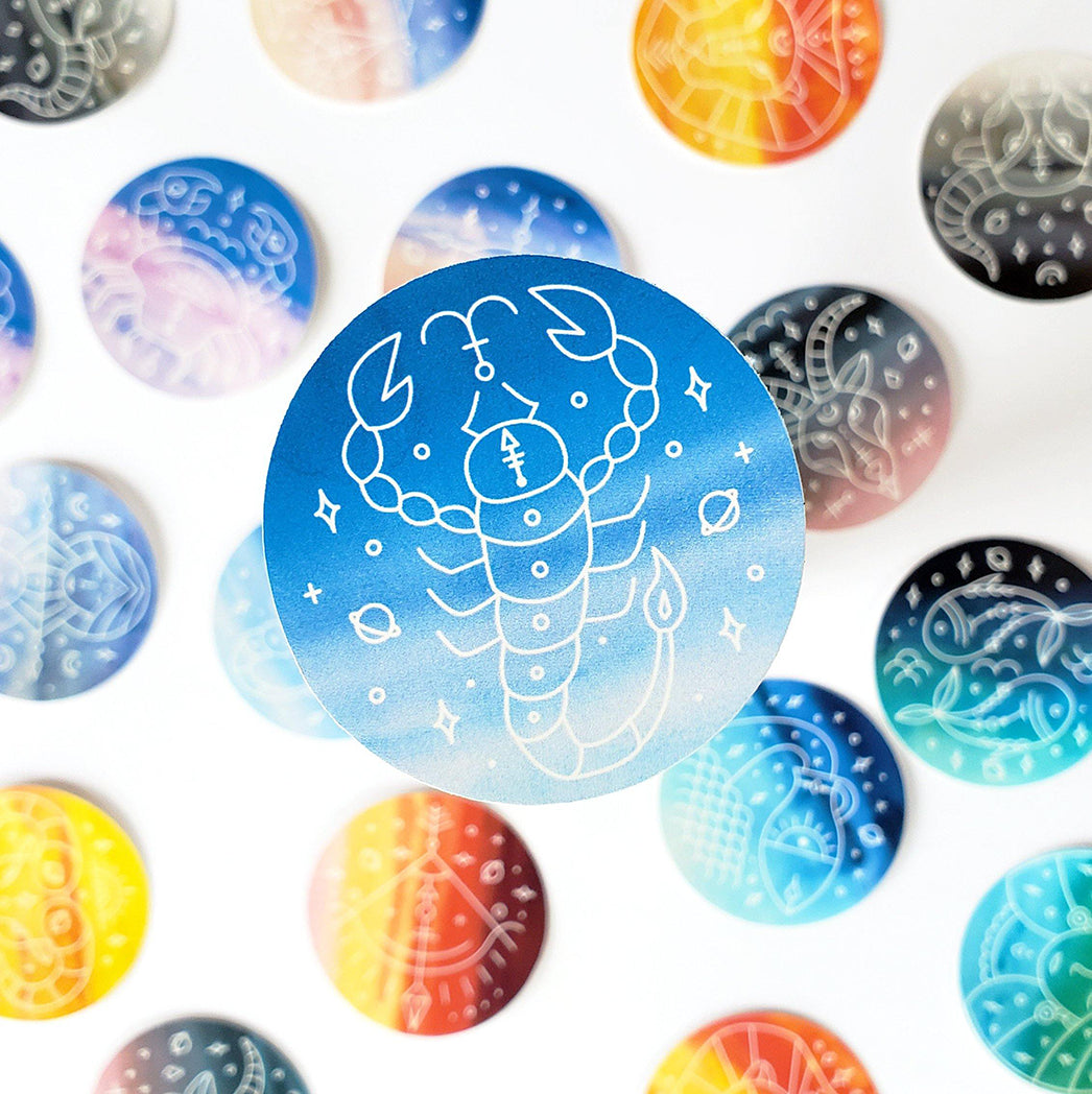 Photo of the Scorpio Watercolor Horoscope Vinyl Sticker by Lucky Dog Design Co.