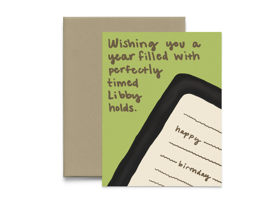 Libby Holds Birthday Card | Funny Bookworm Birthday Card for Book Lovers