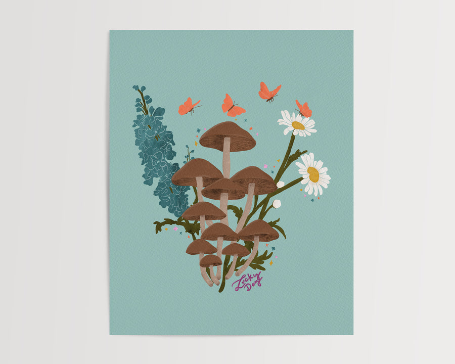 Mushroom and Florals Art Print | Cottagecore Botanical Wall Art | 3 Color Variations | 8x10 Print