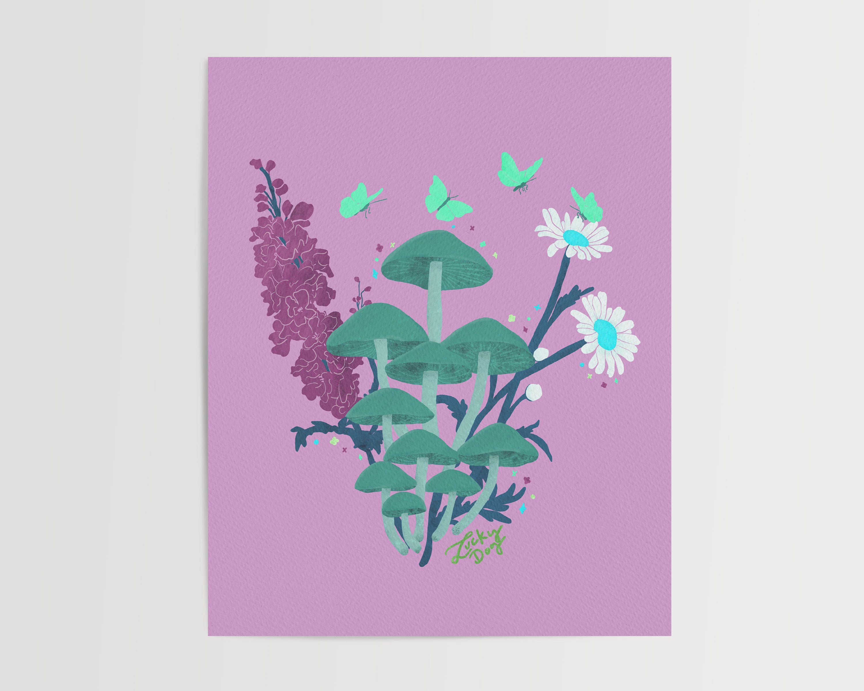 Mushroom and Florals Art Print | Cottagecore Botanical Wall Art | 3 Color Variations | 8x10 Print