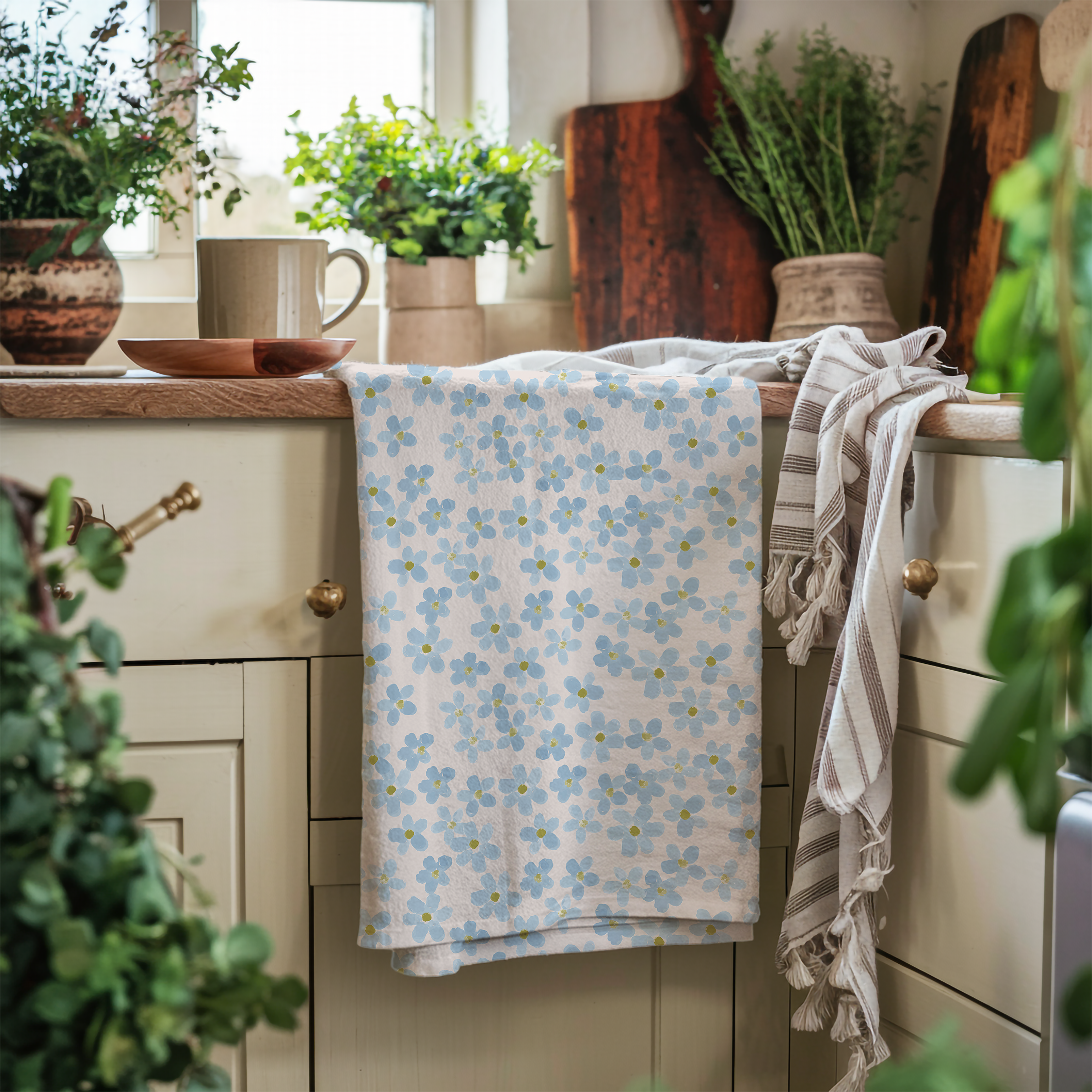 Watercolor Blue Floral Tea Towel – Cotton Twill or Polyester