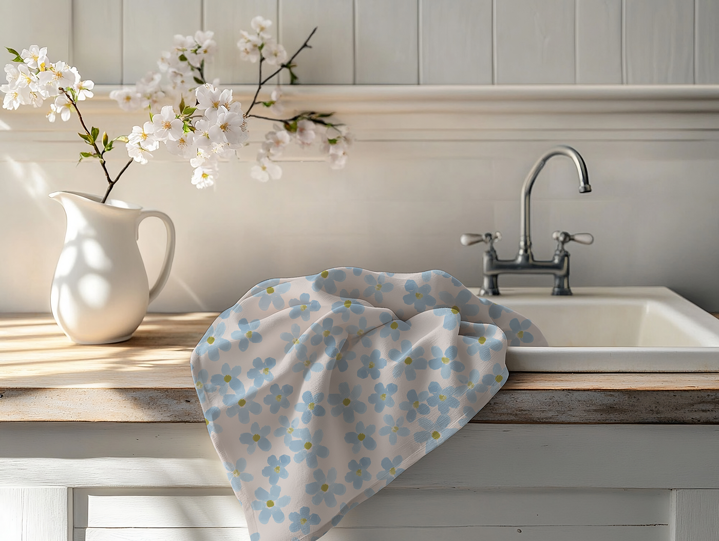 Watercolor Blue Floral Tea Towel – Cotton Twill or Polyester