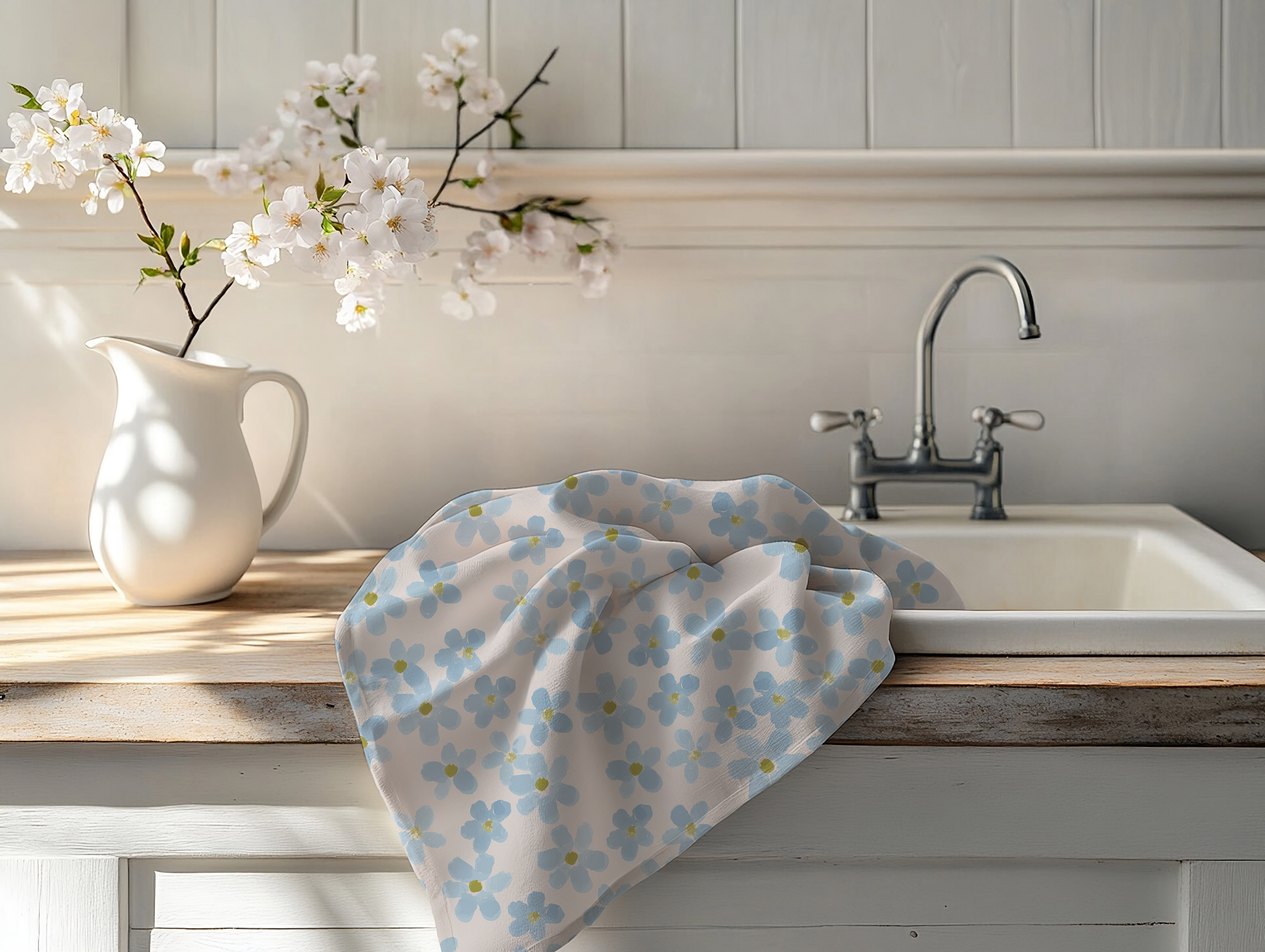 Watercolor Blue Floral Tea Towel – Cotton Twill or Polyester