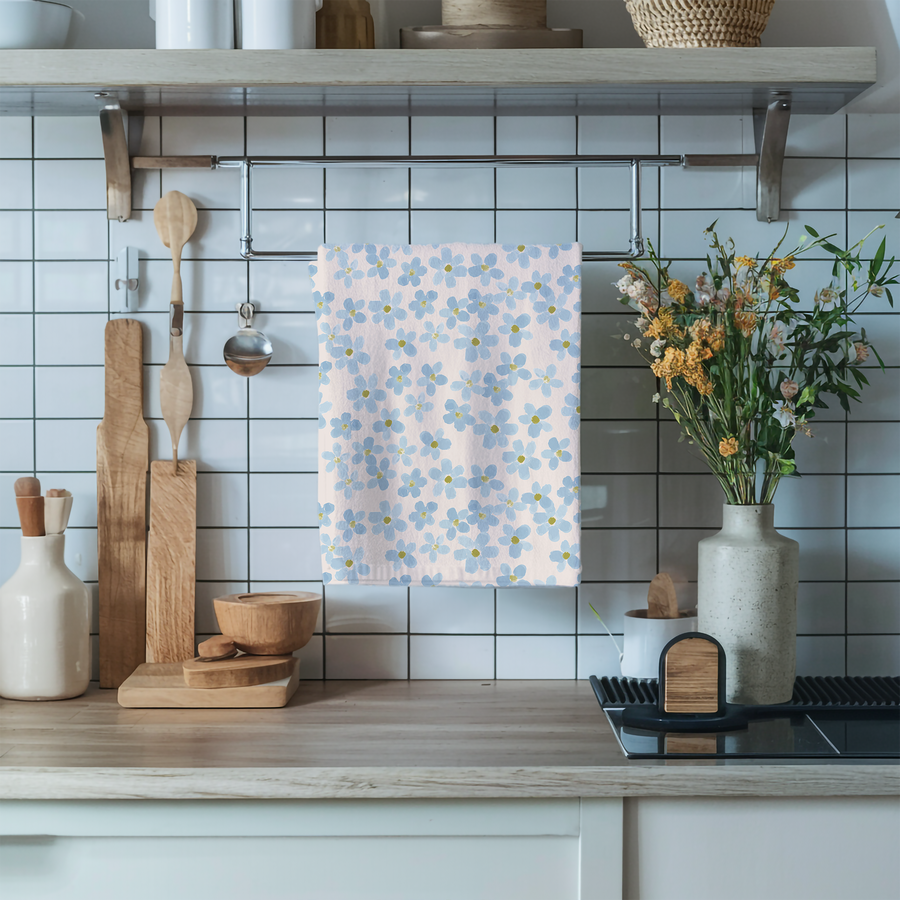 Watercolor Blue Floral Tea Towel – Cotton Twill or Polyester